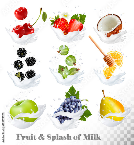 Fototapeta Naklejka Na Ścianę i Meble -  Big collection of icons of fruit and berries in a milk splash. S