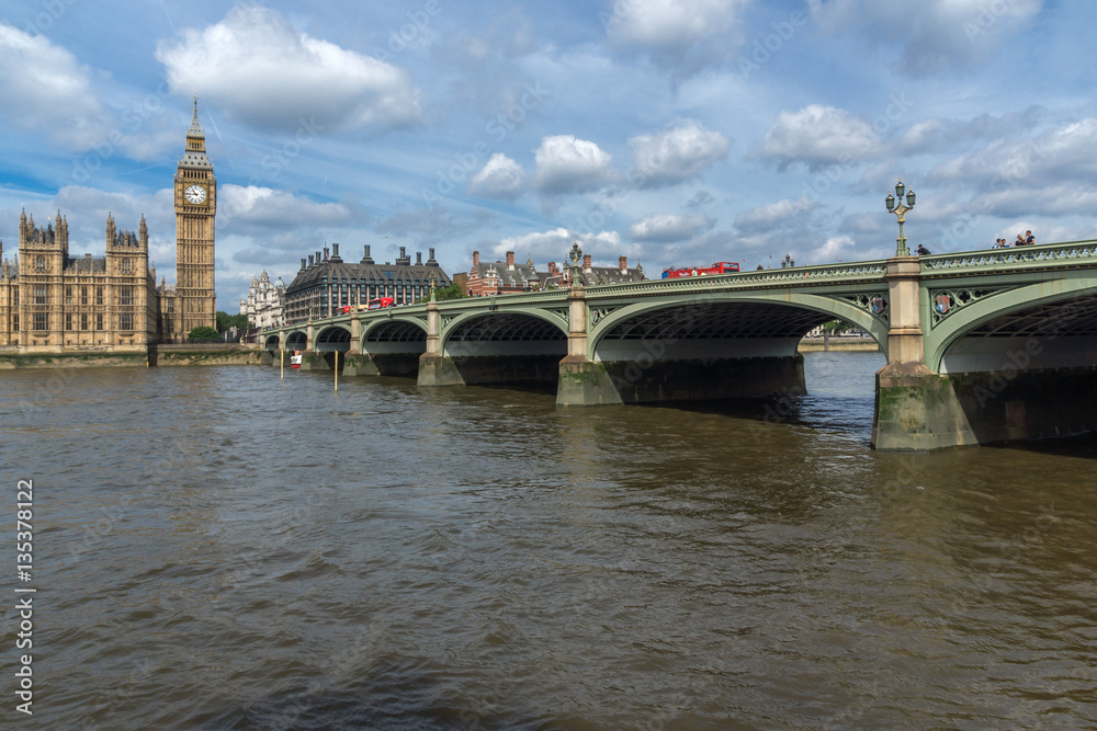 Fototapeta premium LONDON, ENGLAND - JUNE 19 2016: Cityscape of Westminster Palace and Thames River, London, England, United Kingdom