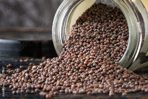 Brown Mustard Seeds Spilled from a Spice Jar