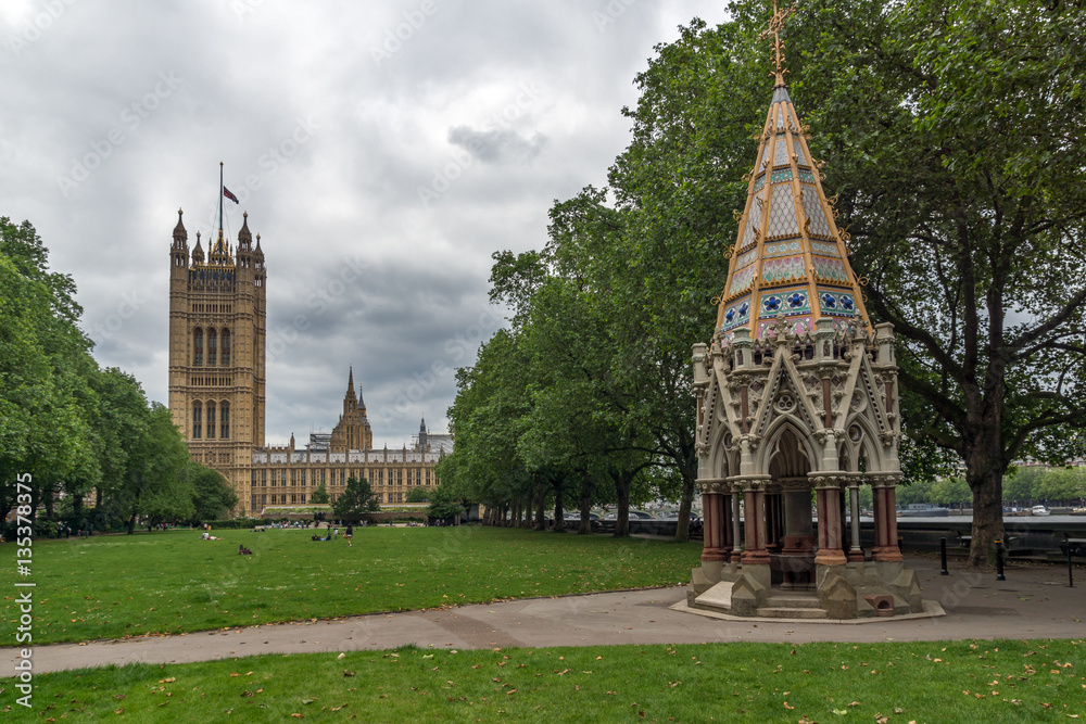 LONDON, ENGLAND - JUNE 19 2016: Victoria Tower in Houses of Parliament, Palace of Westminster,  London, England, Great Britain