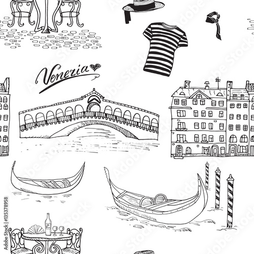 Venice Italy seamless pattern. Hand drawn sketch with gondolas, gondolier clothes, houses, market bridge and cafe table with chairs. Doodle drawing isolated on white.