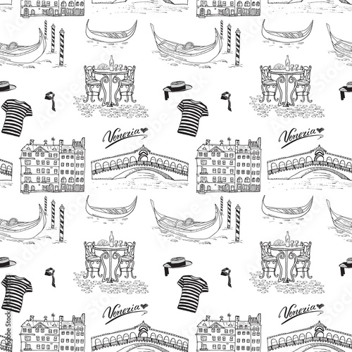 Venice Italy seamless pattern. Hand drawn sketch with gondolas, gondolier clothes, houses, market bridge and cafe table with chairs. Doodle drawing isolated on white.
