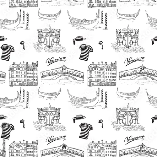Tapety Wenecja Włochy wzór. Ręcznie rysowane szkic z gondolami, ubrania gondolier, domy, rynek most i stolik kawiarniany z krzesłami. Doodle rysunek na białym tle.