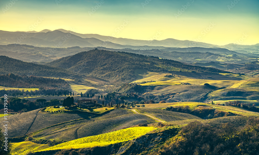 Volterra winter rolling hills panorama. Tuscany, Italy