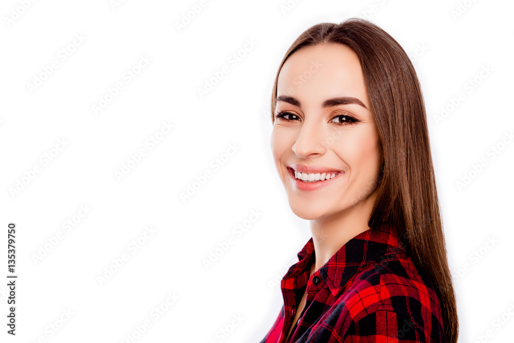 Portrait of happy cheerful smiling woman on white background Portrait of happy cheerful smiling woman on white background
