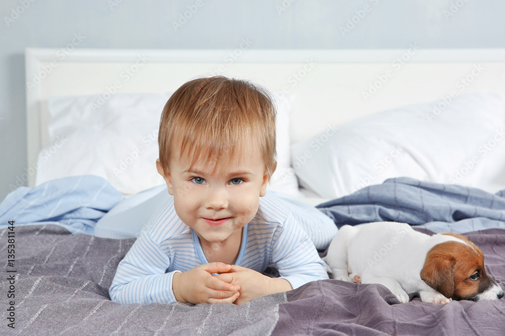 Cute little boy with funny puppy on bed at home Cute little boy with funny puppy on bed at home