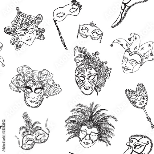 Venice Italy carnival masks seamless pattern. Hand drawn sketch Italian Venetian festival. Doodle Drawing background.