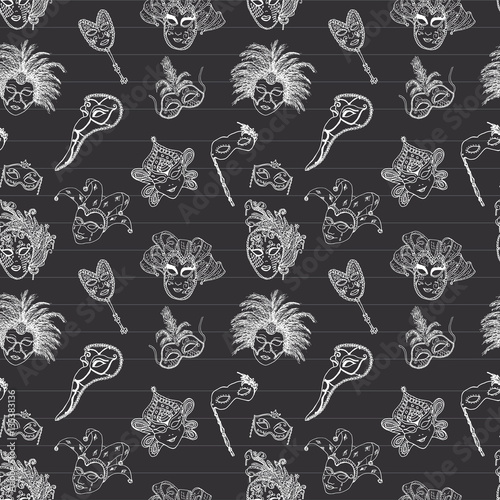 Venice Italy carnival masks seamless pattern. Hand drawn sketch Italian Venetian festival. Doodle Drawing background on chalkboard.