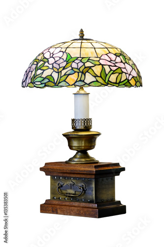 Table lamp with stained glass shade. Vintage lamp. Isolated, white background.