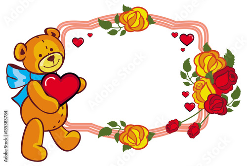 Oval label with red roses and cute teddy bear holding a big heart. © LaFifa
