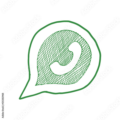 Green phone handset in speech bubble hand drawn icon, vector illustration isolated on white background.