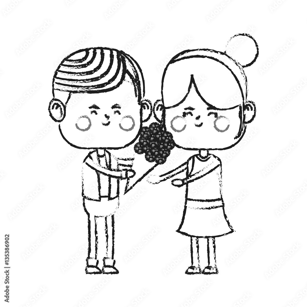 kawaii couple in love with flowers bouquet over white background. vector illustration kawaii couple in love with flowers bouquet over white background. vector illustration