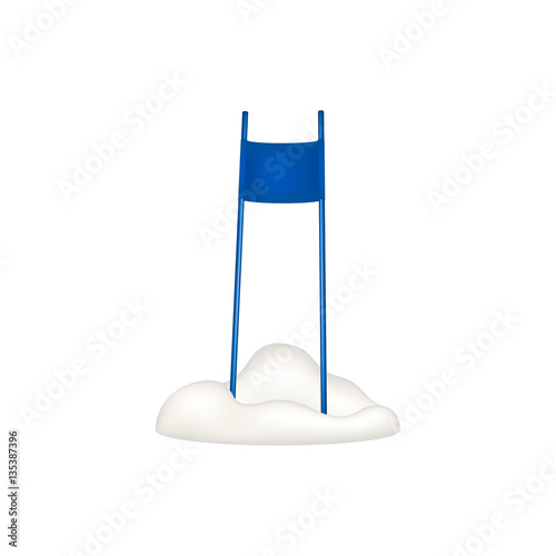 Ski slalom gate in blue design standing in snow 