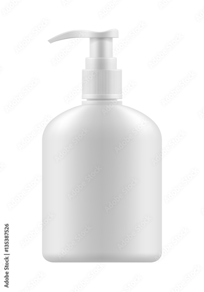 Vector realistic blank template of plastic bottle with dispenser. Mock-up of package. Empty and clean 3d white plastic container with pump for liquid soap, care cream, shampoo, body cream. Vector realistic blank template of plastic bottle with dispenser. Mock-up of package. Empty and clean 3d white plastic container with pump for liquid soap, care cream, shampoo, body cream.