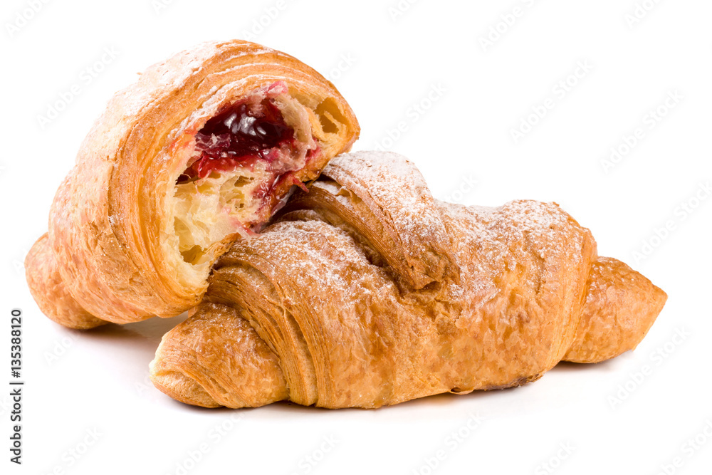 croissant and half with cherry jam  powdered sugar isolated on  white background closeup