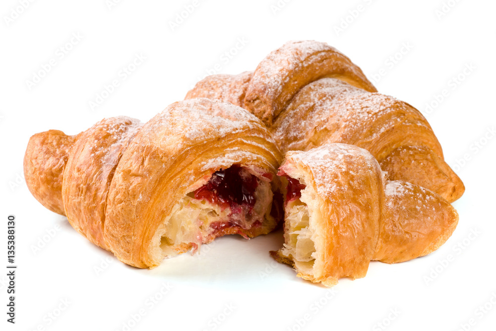 croissant and half with cherry jam powdered sugar isolated on white background closeup
