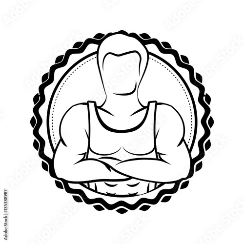 silhouette sticker border with muscle man crossed arms vector illustration