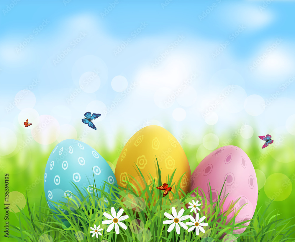 Vector background. Easter eggs in green grass with white flowers