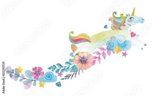 Cute watercolor magic unicorn