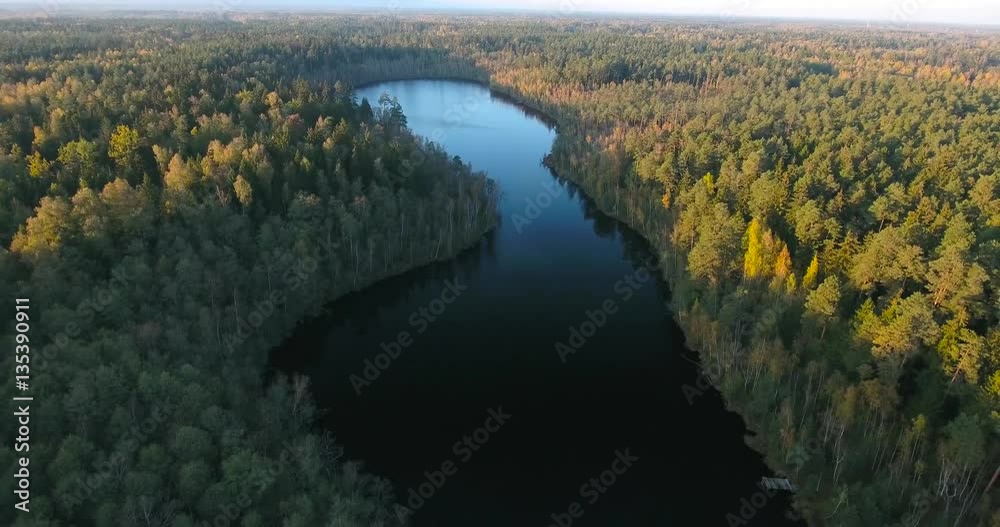 flying above autumn forest and lake flying above autumn forest and lake
