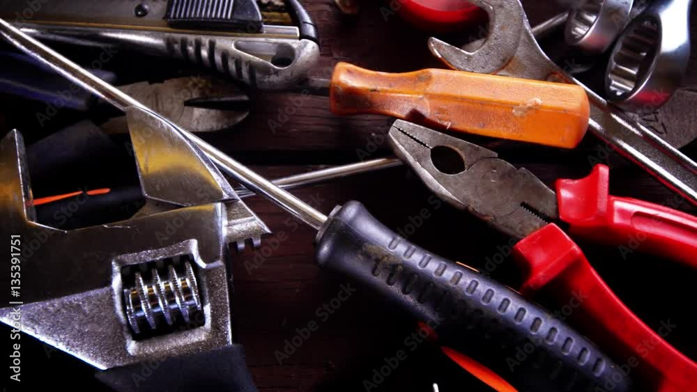 Many old rusty tools on repairman desk