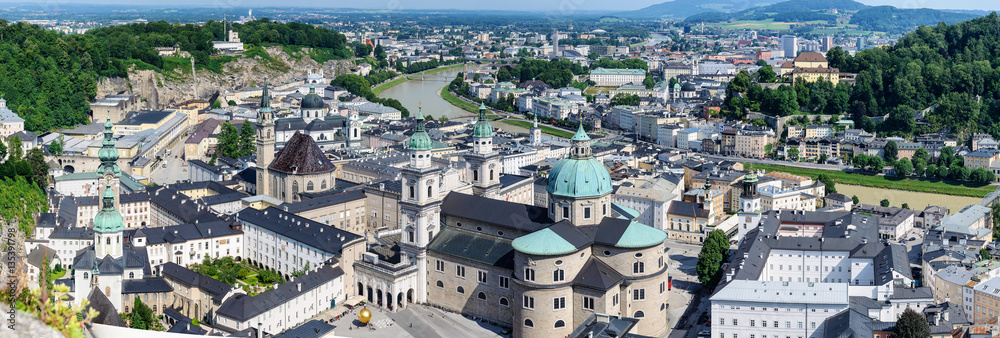 Aerial beautiful Panoramic View of the historic city of Salzburg and Salzach river at summer morning, Salzburg, Austria. The View from Hohensalzburg Castle
