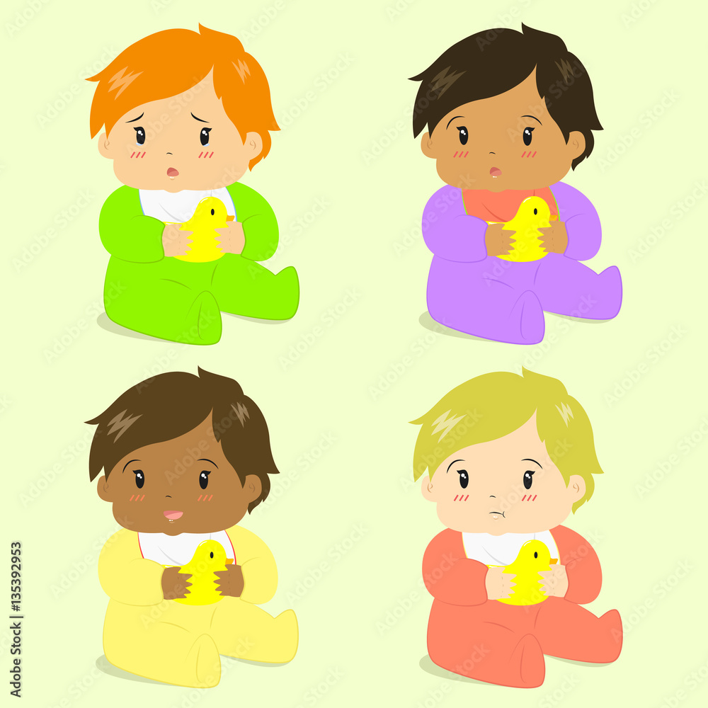 illustration of cute baby girls sitting and holding rubber duck, in different skin colors and face expressions illustration of cute baby girls sitting and holding rubber duck, in different skin colors and face expressions