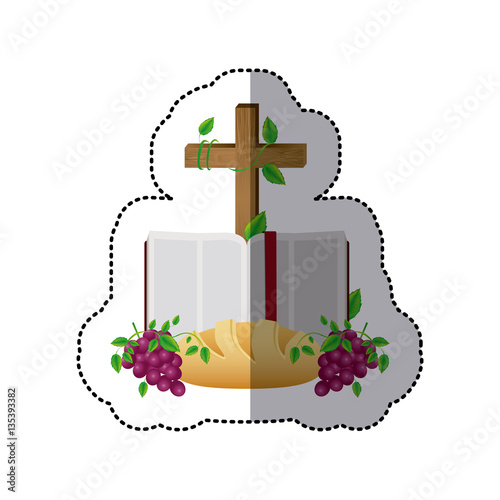 middle shadow sticker colorful with holy bible open with cross and bread and grapes vector illustration