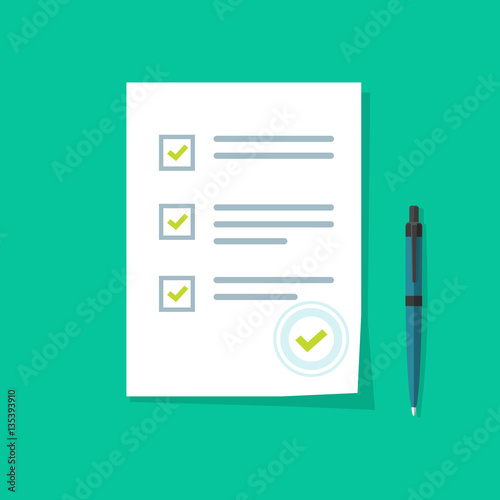 Survey form icon vector, flat style good exam results paper sheet with pen, quiz form idea, passed questionnaire, interview assessment illustration isolated on color background