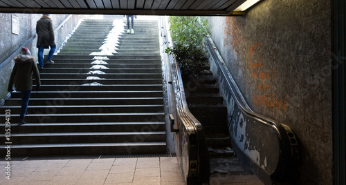 Escalator covered in grass leading upwards to an opening