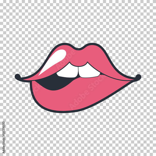 Lips kiss. Vector patch, sticker isolated on white. Cool sexy red kissed. Selphie cartoon Sign for print, in comics, Fashion, pop art, retro style 80-s 90s