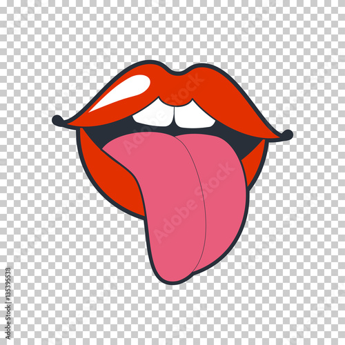 Lips kiss. Vector patch, sticker isolated on white. Cool sexy red kissed. Selphie cartoon Sign for print, in comics, Fashion, pop art, retro style 80-s 90s