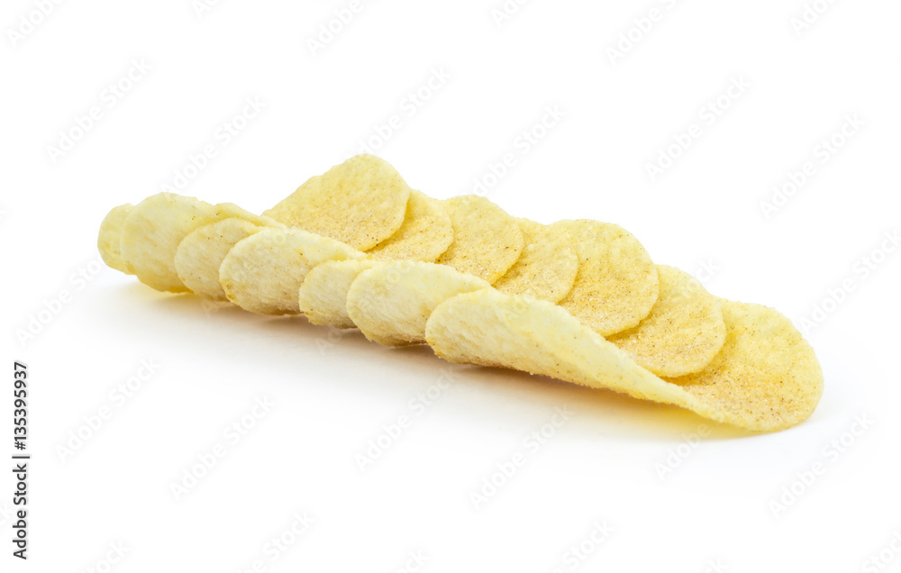 Stacks of paprika flovored poteto chips isolated on white background. Clipping path included in JPEG. Stacks of paprika flovored poteto chips isolated on white background. Clipping path included in JPEG.