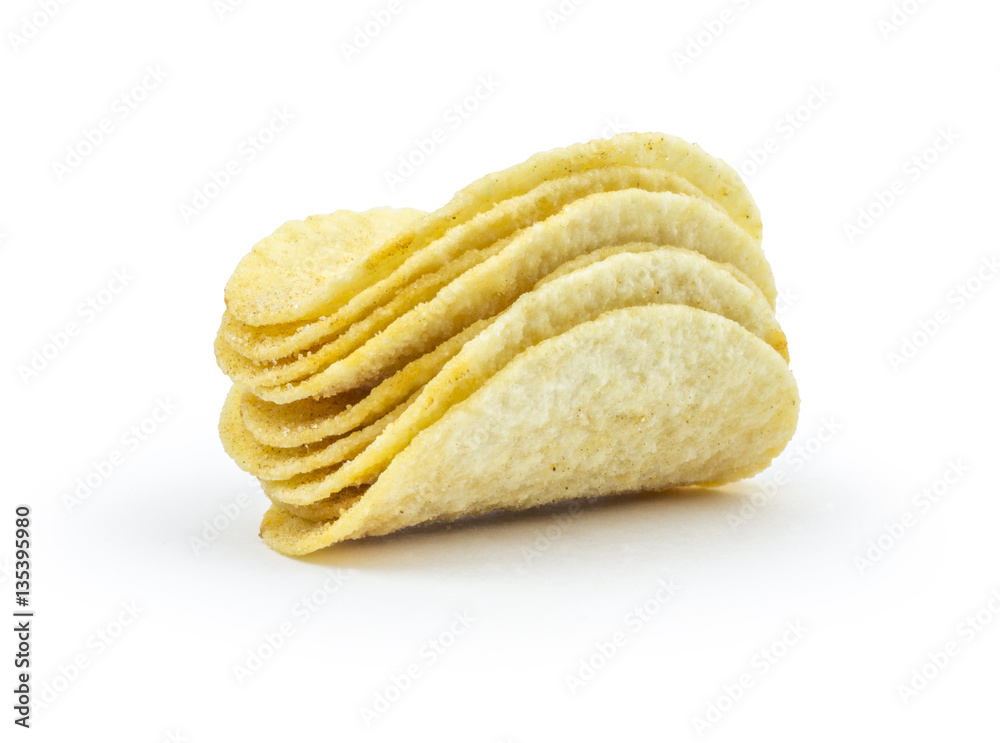Stacks of paprika flovored poteto chips isolated on white background. Clipping path included in JPEG. Stacks of paprika flovored poteto chips isolated on white background. Clipping path included in JPEG.
