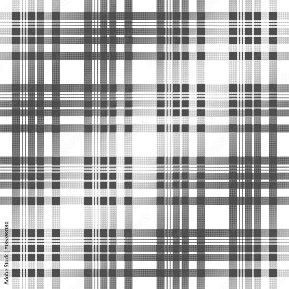 Seamless tartan plaid pattern. Checkered fabric texture print in stripes of  grey and white. Stock Vector