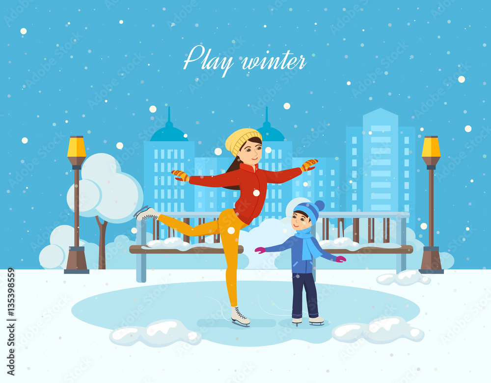 Fototapeta premium Boy ride on the ice, mom shows master class.