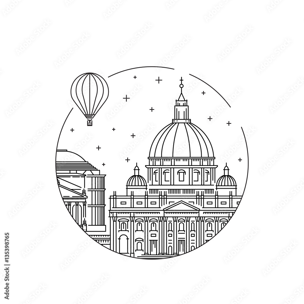 Round the emblem of the city of Rome drawn in a linear style, depicting a vector of the landmark of the capital of Italy.