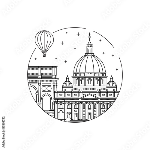 Round the emblem of the city of Rome drawn in a linear style, depicting a vector of the landmark of the capital of Italy.