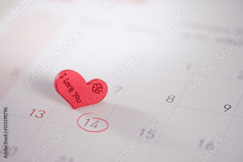 Calendar page with the red hearts on February 14 of Saint Valentines day, AF point selection.