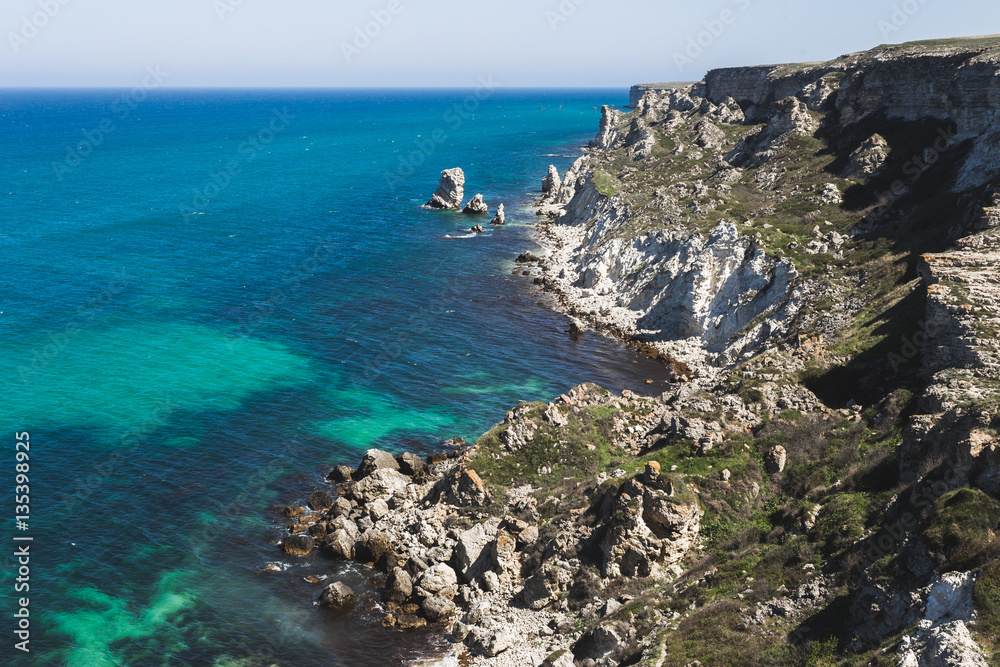 Coast Dzhangul in Crimea. Idyllic paradise landscape with crystal clean water