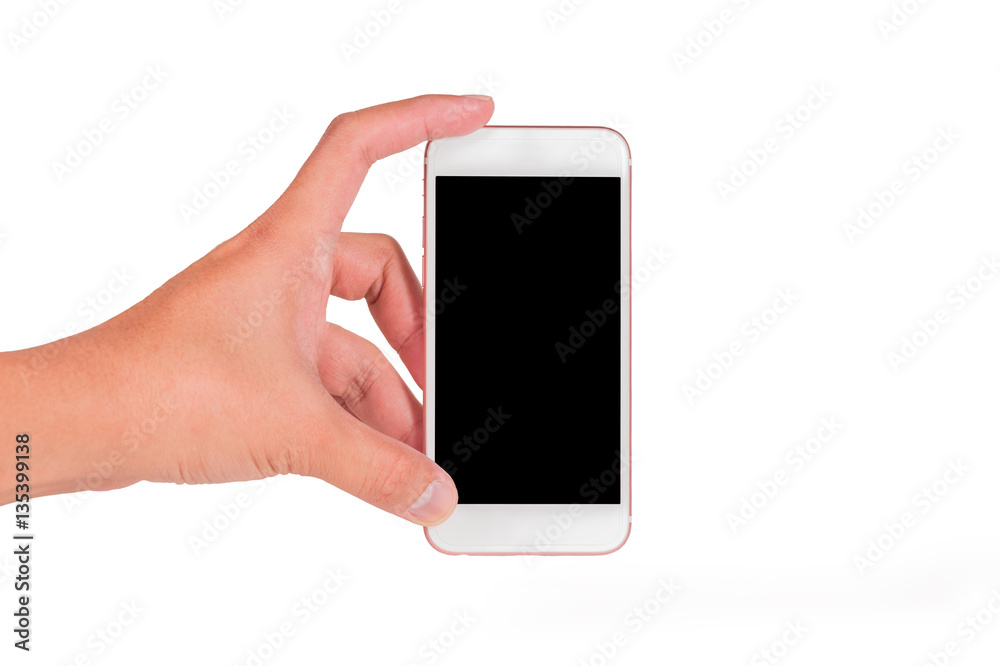 hand hold smartphone with blank black screen in vertical view isolated on white background as communication and technology concept hand hold smartphone with blank black screen in vertical view isolated on white background as communication and technology concept