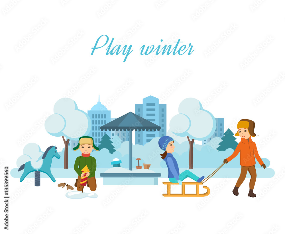 Naklejka premium Children play in the playground, setup firework rocket in snowdrift.