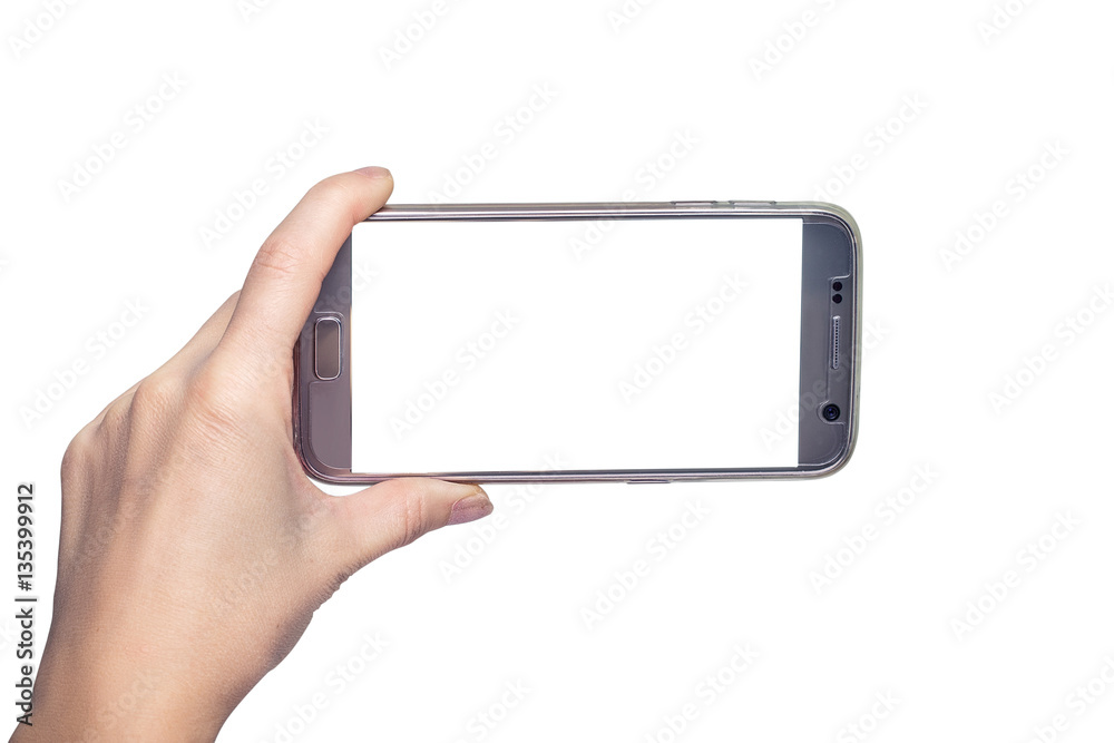 Female hand holding mobile smart phone with blank screen Female hand holding mobile smart phone with blank screen