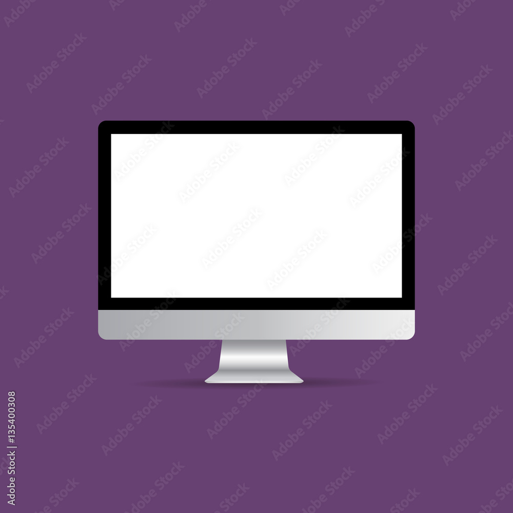Computer monitor with blank screen on violet background. Device mockup. Vector illustration Computer monitor with blank screen on violet background. Device mockup. Vector illustration