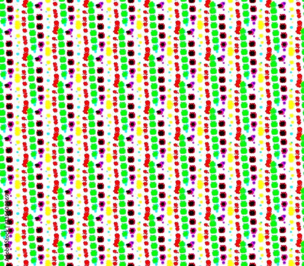 Abstract seamless white background of red, green, yellow and pink flowers lined with stripes and creating pattern rows Abstract seamless white background of red, green, yellow and pink flowers lined with stripes and creating pattern rows