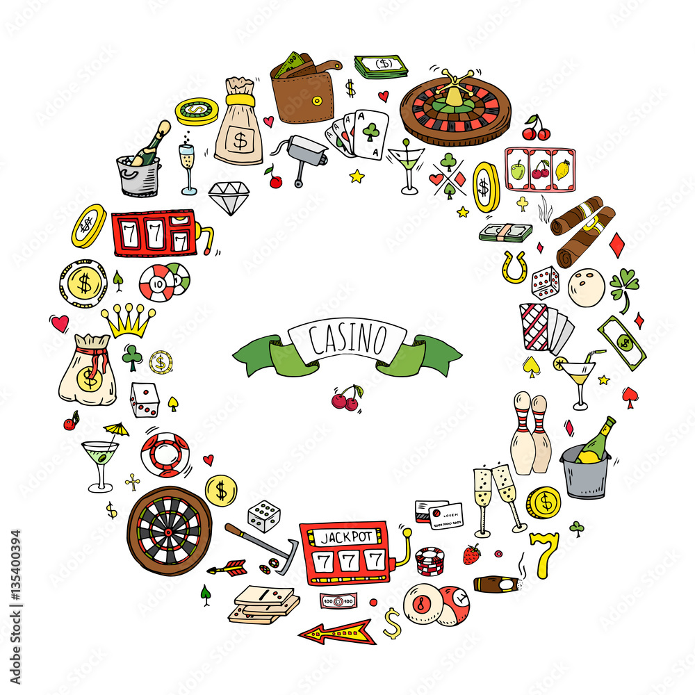 Fototapeta premium Hand drawn doodle set of Casino icons. Vector illustration set. Cartoon Gambling symbols. Sketchy game elements collection: bet, jackpot, cards, chips, coins, darts, roulette, poker, money, slot.