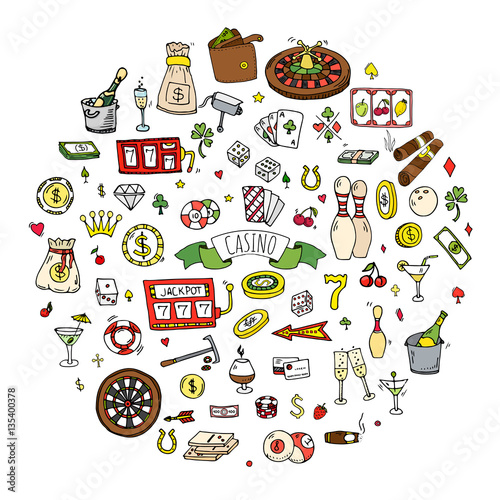 Hand drawn doodle set of Casino icons. Vector illustration set. Cartoon Gambling symbols. Sketchy game elements collection: bet, jackpot, cards, chips, coins, darts, roulette, poker, money, slot.