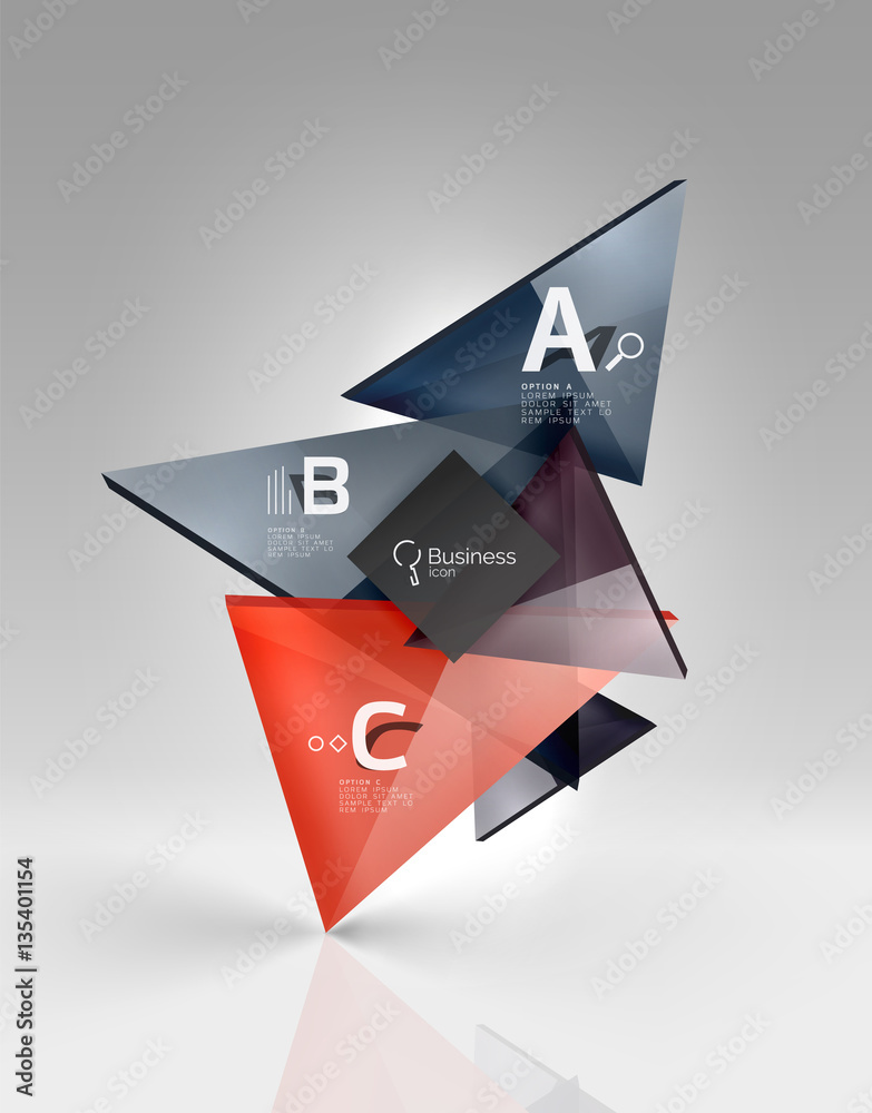 Colorful glossy glass triangle on empty 3d space