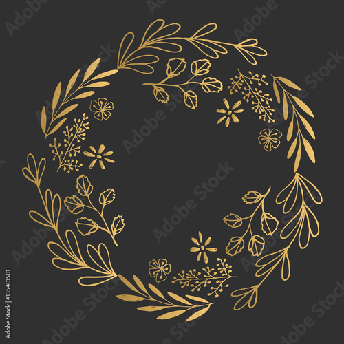 Golden wreath. Floral vector border.