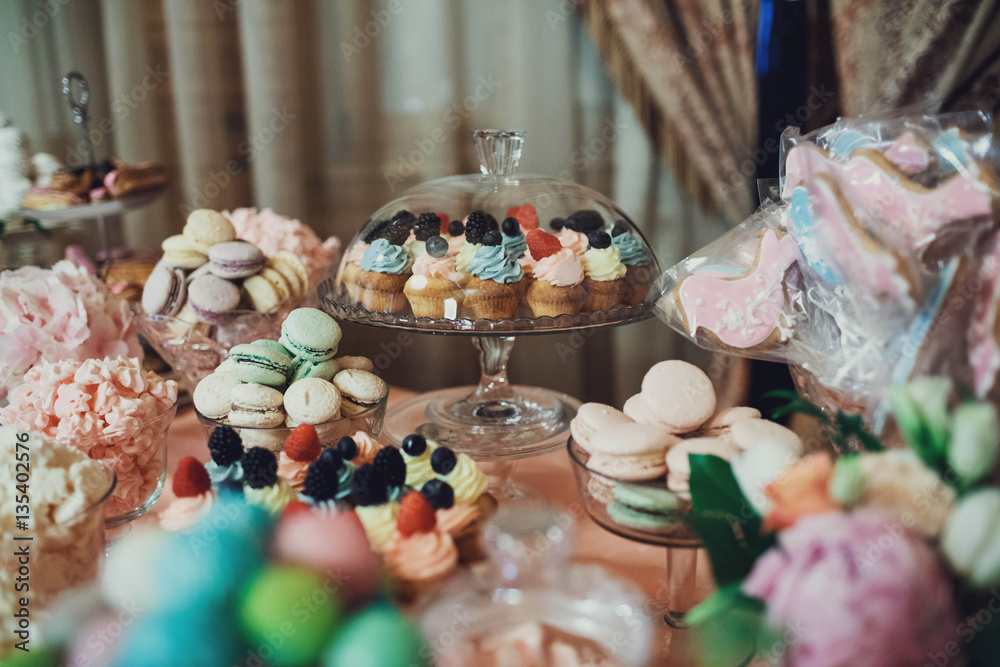 delicious colorful cookies and cakes on the wedding candy bar